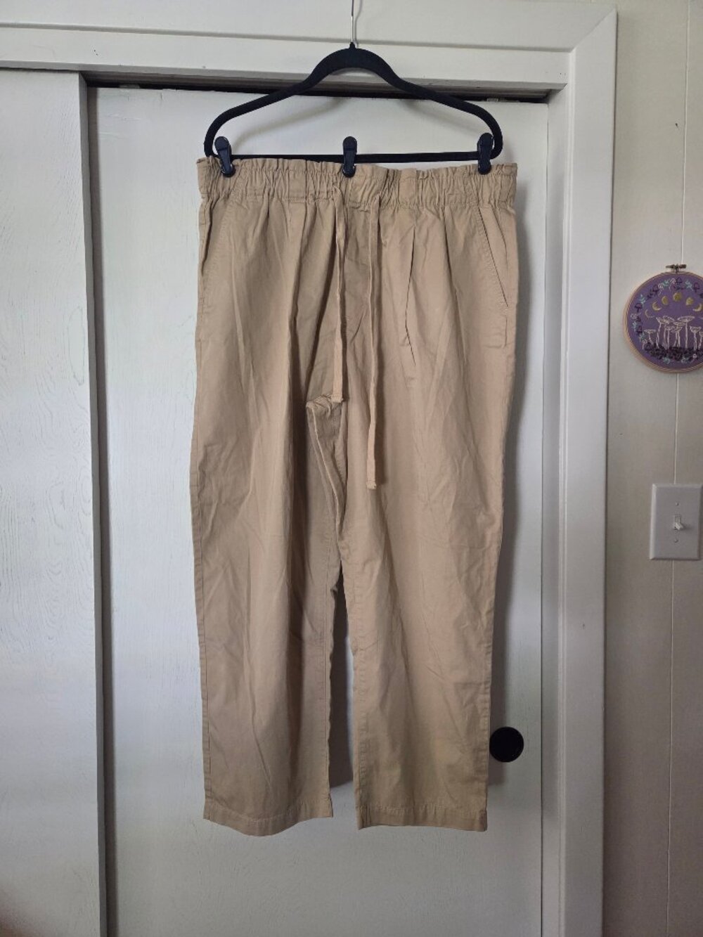 NWT Loft XL Poplin Jogger Pants Tan Paper Bag Waist Drawstring 100% Cotton